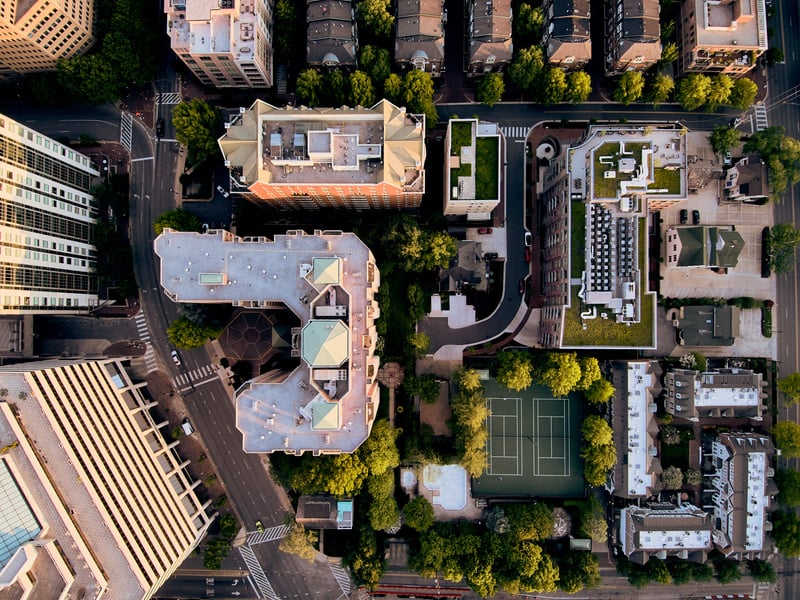 Drone view modern urban city district